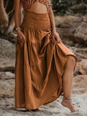 Casual Swing Plain Mid Rise Ruched Maxi Skirt - Image 14