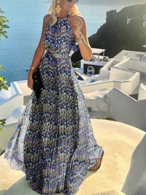 Casual Swing Polka Dot Halter Sleeveless Maxi Dress - Image 10