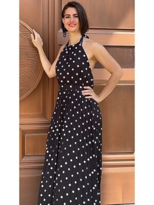 Casual Swing Polka Dot Halter Sleeveless Maxi Dress - Image 6