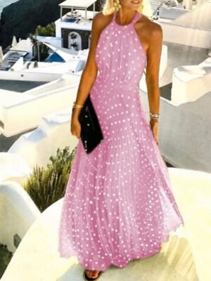 Casual Swing Polka Dot Halter Sleeveless Maxi Dress - Image 8