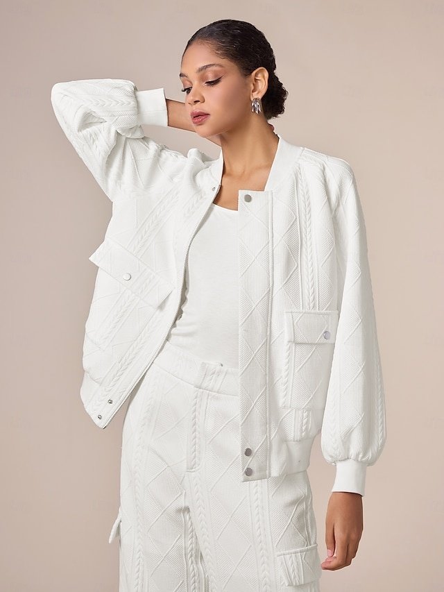 Casual Textured Crew Neck Raglan Sleeve Bomber Jacket - Image 1