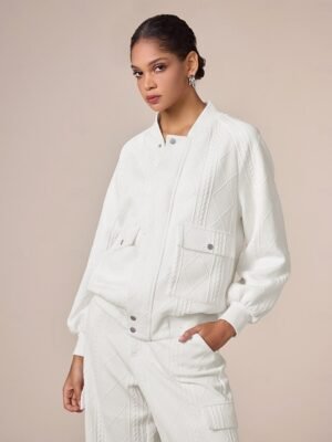 Casual Textured Crew Neck Raglan Sleeve Bomber Jacket - Image 7