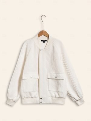 Casual Textured Crew Neck Raglan Sleeve Bomber Jacket - Image 8