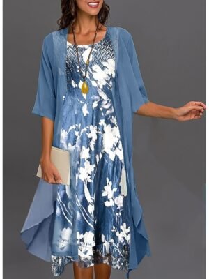 Casual Two Piece Floral U Neck Half Sleeve Midi Dress - Image 7