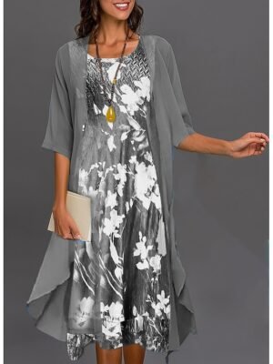 Casual Two Piece Floral U Neck Half Sleeve Midi Dress - Image 8