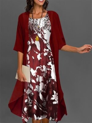 Casual Two Piece Floral U Neck Half Sleeve Midi Dress - Image 9