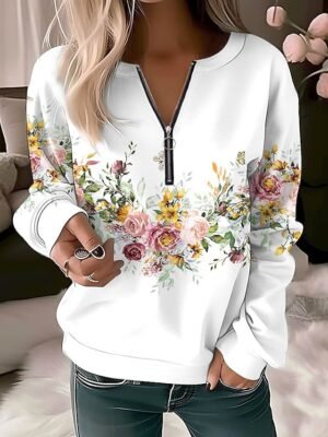 Casual Vintage Floral Quarter Zip Half Sleeve Pullover - Image 1
