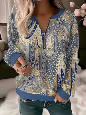 Casual Vintage Floral Quarter Zip Half Sleeve Pullover - Image 6