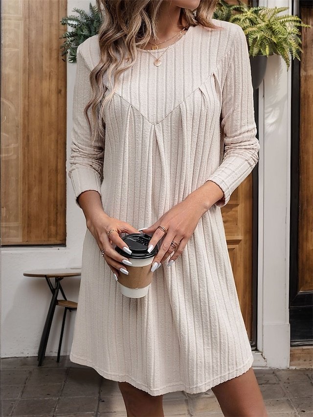 Casual Warm Ribbed Crew Neck Long Sleeve Mini Sweater Dress - Image 1