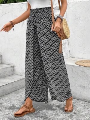 Casual Wide Leg Geometric High Waist Long Trousers - Image 10