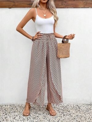 Casual Wide Leg Geometric High Waist Long Trousers - Image 12