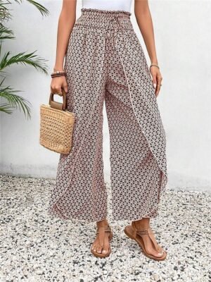 Casual Wide Leg Geometric High Waist Long Trousers - Image 13