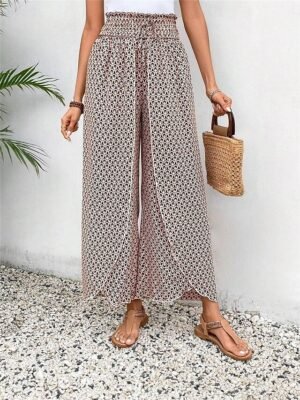 Casual Wide Leg Geometric High Waist Long Trousers - Image 14