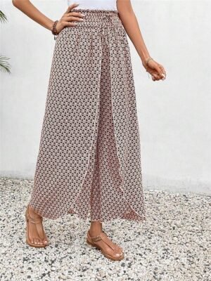 Casual Wide Leg Geometric High Waist Long Trousers - Image 15
