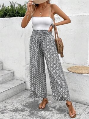 Casual Wide Leg Geometric High Waist Long Trousers - Image 17