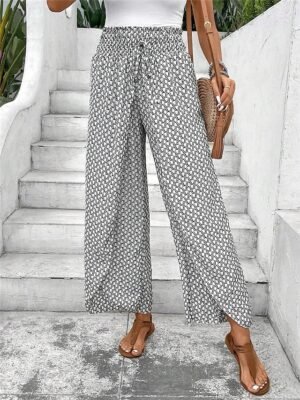 Casual Wide Leg Geometric High Waist Long Trousers - Image 18