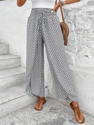 Casual Wide Leg Geometric High Waist Long Trousers - Image 19
