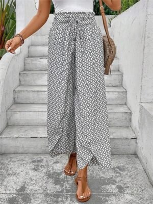Casual Wide Leg Geometric High Waist Long Trousers - Image 20