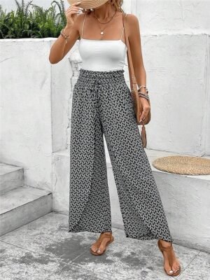 Casual Wide Leg Geometric High Waist Long Trousers - Image 7