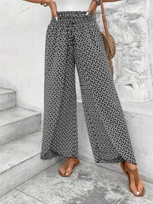 Casual Wide Leg Geometric High Waist Long Trousers - Image 9
