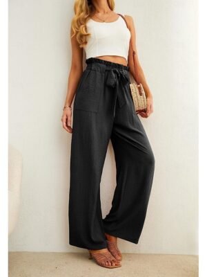 Casual Wide Leg High Waist Lace-Up Trousers - Image 4