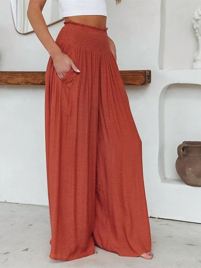 Casual Wide Leg Plain Elastic Waist Full Length Trousers - Image 2