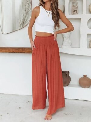 Casual Wide Leg Plain Elastic Waist Full Length Trousers - Image 3