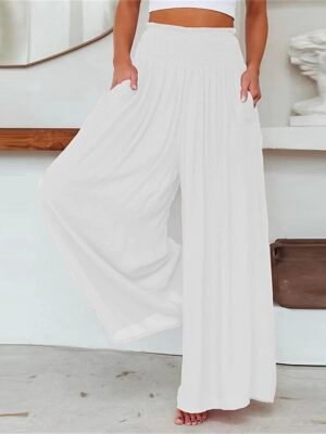 Casual Wide Leg Plain Elastic Waist Full Length Trousers - Image 5