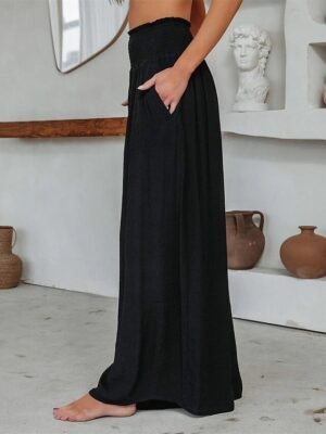 Casual Wide Leg Plain Elastic Waist Full Length Trousers - Image 8