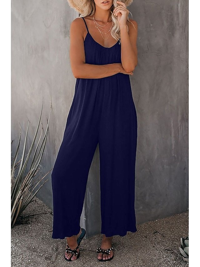 Casual Wide Leg Solid V Neck Sleeveless Long Jumpsuit - Image 1