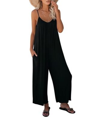 Casual Wide Leg Solid V Neck Sleeveless Long Jumpsuit - Image 10