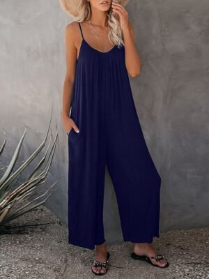 Casual Wide Leg Solid V Neck Sleeveless Long Jumpsuit - Image 3