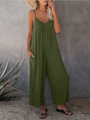 Casual Wide Leg Solid V Neck Sleeveless Long Jumpsuit - Image 4