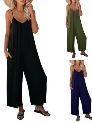 Casual Wide Leg Solid V Neck Sleeveless Long Jumpsuit - Image 6