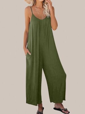 Casual Wide Leg Solid V Neck Sleeveless Long Jumpsuit - Image 7