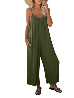 Casual Wide Leg Solid V Neck Sleeveless Long Jumpsuit - Image 9