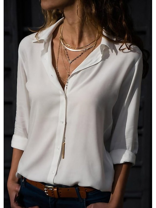 Casual Work Plain Shirt Collar Long Sleeve Blouse - Image 1