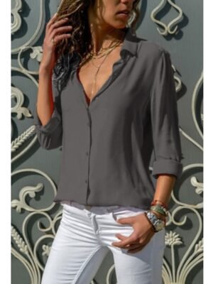 Casual Work Plain Shirt Collar Long Sleeve Blouse - Image 3