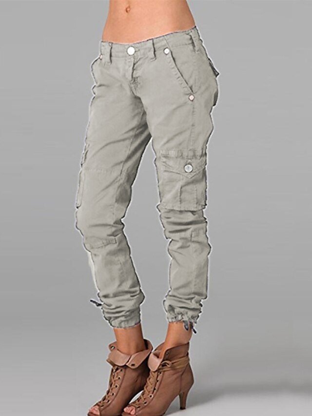 Chic Ankle-Length Mid Waist Plain Pocket Cargo Pants - Image 2
