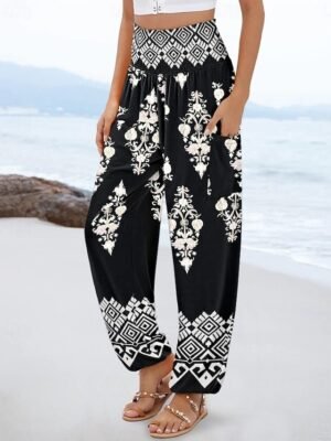 Chic Baggy Multi-Colour Geometric High Waist Full Length Pants - Image 3