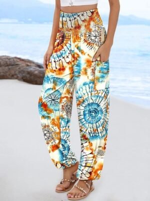 Chic Baggy Multi-Colour Geometric High Waist Full Length Pants - Image 5