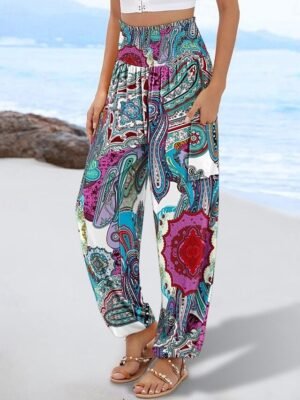 Chic Baggy Multi-Colour Geometric High Waist Full Length Pants - Image 9