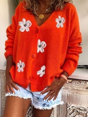 Chic Floral V Neck Embroidered Long Sleeve Knit Cardigan - Image 2