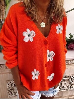 Chic Floral V Neck Embroidered Long Sleeve Knit Cardigan - Image 5