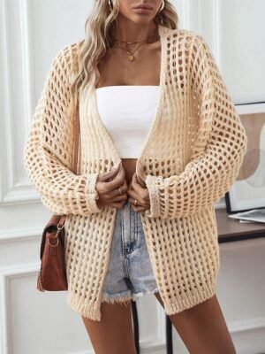 Chic Long Geometric Open Front Knitted Long Sleeve Cardigan - Image 1
