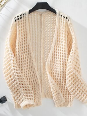 Chic Long Geometric Open Front Knitted Long Sleeve Cardigan - Image 4