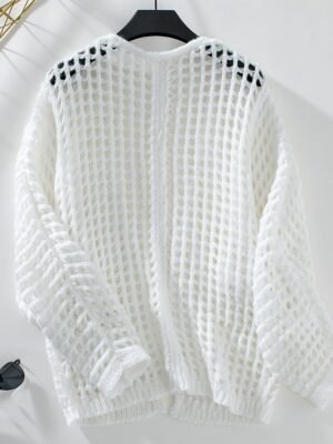 Chic Long Geometric Open Front Knitted Long Sleeve Cardigan - Image 7