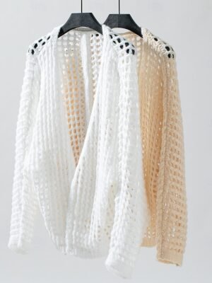 Chic Long Geometric Open Front Knitted Long Sleeve Cardigan - Image 8