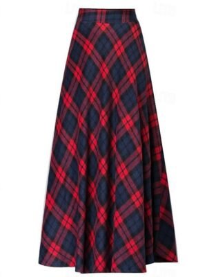 Chic Loose Plaid U Neck Long Sleeve Maxi Dress - Image 3