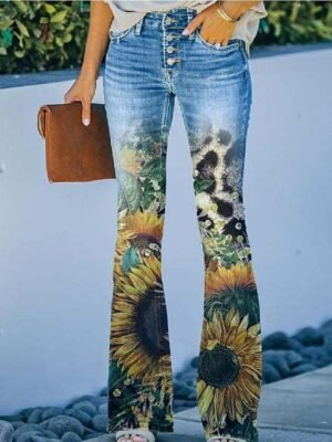 Chic Loose Print High Waist Full Length Bell Bottom Jeans - Image 20